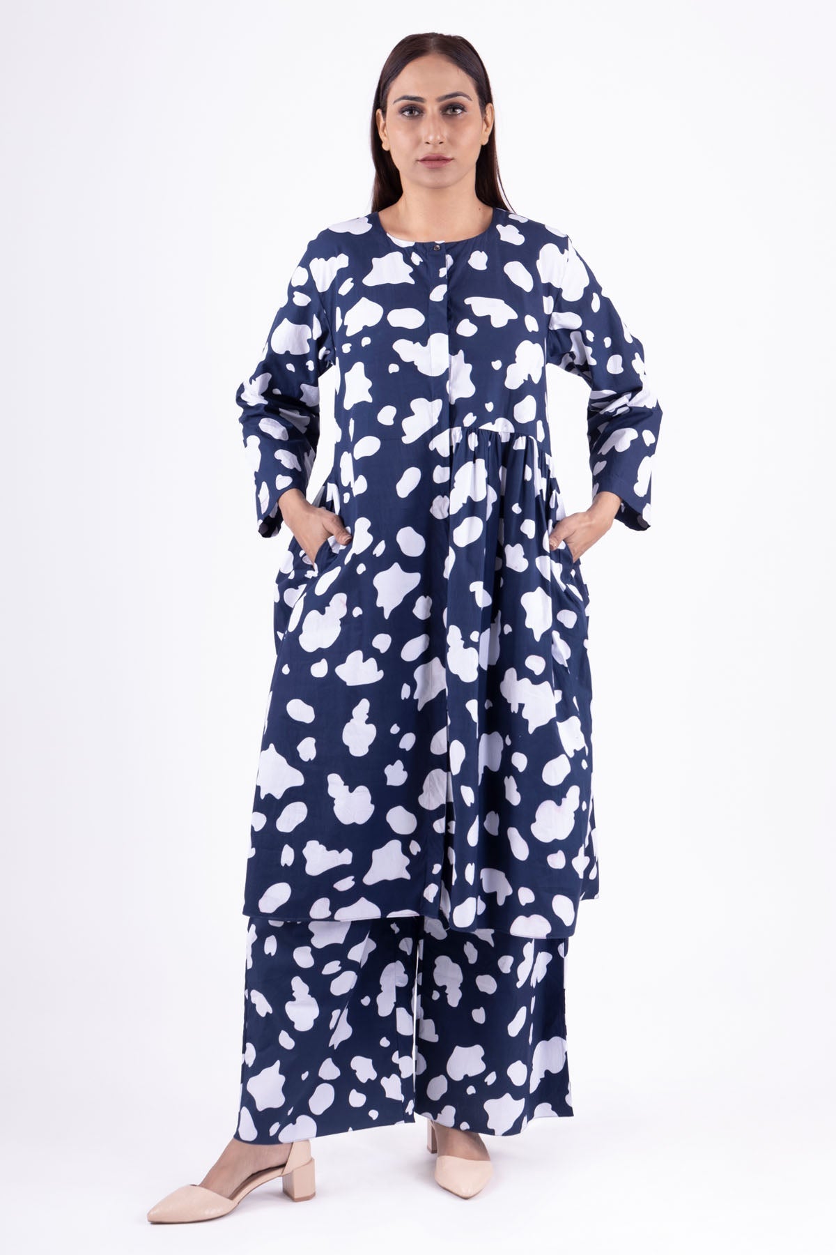 Buy Designer Blue Print Gathered Kurta Set Online